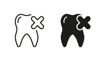 Tooth Removal Silhouette and Line Icon Set. Delete Dental Pain. Cancel Molar Teeth Pictogram. Medical Oral Care Black Symbol Collection. Dental Treatment Sign. Isolated Vector Illustration