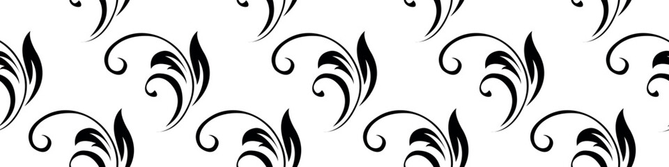 Vintage seamless plant pattern of black stylized stems, leaves and curls. Retro style. Vector backdrop, texture