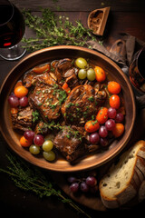 Coq au vin on wooden table shoot from above .Chicken and wine Classic French cuisine - 686119512