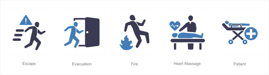 A set of 5 Emergency icons as escape, evacuation, fire