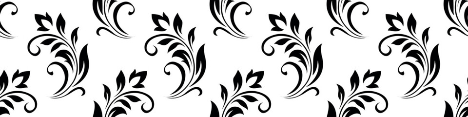 Vintage seamless plant pattern of black stylized stems, leaves, flowers and curls on white background. Retro style. Vector backdrop, texture for victorian wallpapers, wrapping paper, fabric
