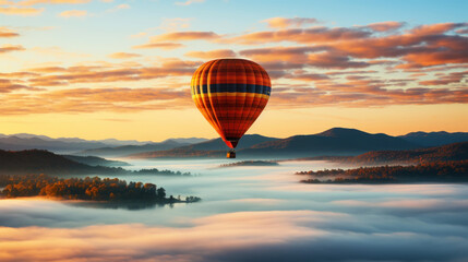 Colourful hot air balloons flying over the mountain in the haze at dawn. Travel concept. Generative AI