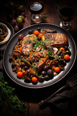 Coq au vin on wooden table shoot from above .Chicken and wine Classic French cuisine - 686119585