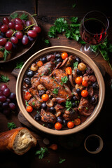 Coq au vin on wooden table shoot from above .Chicken and wine Classic French cuisine - 686119763