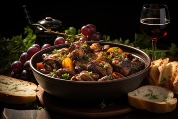 Coq au vin on wooden table shoot from above .Chicken and wine Classic French cuisine - 686119951