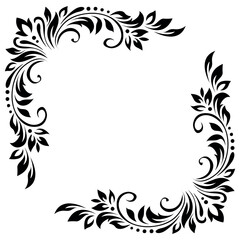 Abstract pattern, decorative element, clip art with stylized leaves, flowers and curls in black lines on white background. Corner vintage ornament, border, frame - obrazy, fototapety, plakaty