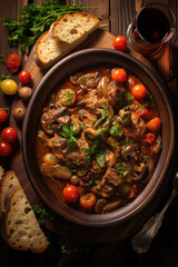 Coq au vin on wooden table shoot from above .Chicken and wine Classic French cuisine - 686120132