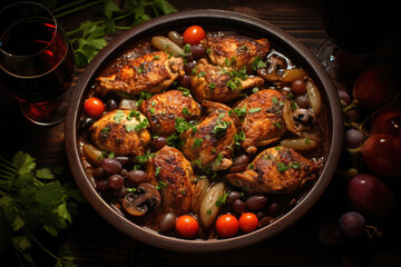 Coq au vin on wooden table shoot from above .Chicken and wine Classic French cuisine - 686120186
