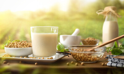 Glass of freshly prepared soy drink on table in field