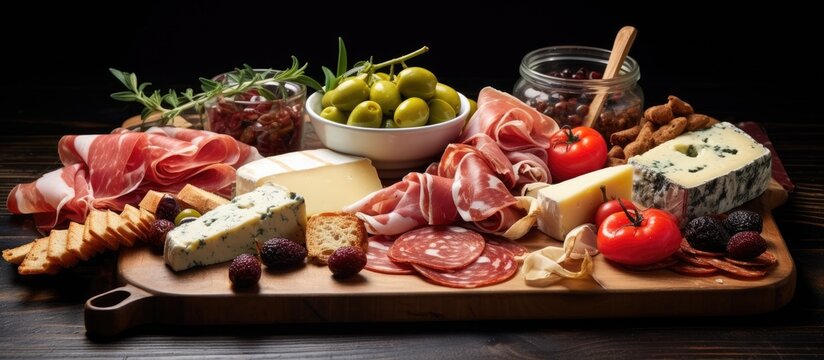 Traditional Spanish tapas featuring cured meat, cheese, and spicy olives served on a wooden board. Includes ham, salami, and goat cheese.