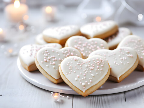 Decorated sweet heart shaped sugar cookies with icing and sprinkles , blurry bright  background