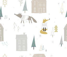 Seamless winter pattern with houses and foxes in the forest