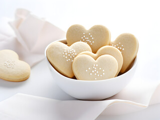 Decorated red heart shaped sugar cookies with sprinkles in a bowl , white background