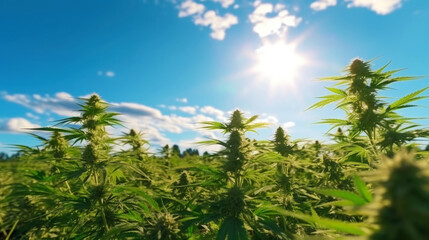 Fototapeta na wymiar Close up of cannabis sativa plant on a field, sunny day. Industrial medical marijuana concept. Generative AI