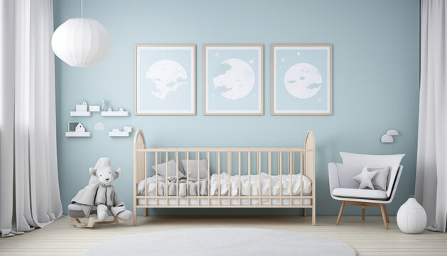 A photo mockup of a wall has one picture with a ratio of 2: 3, the room is a children's nursery in light blues colours  generative ai