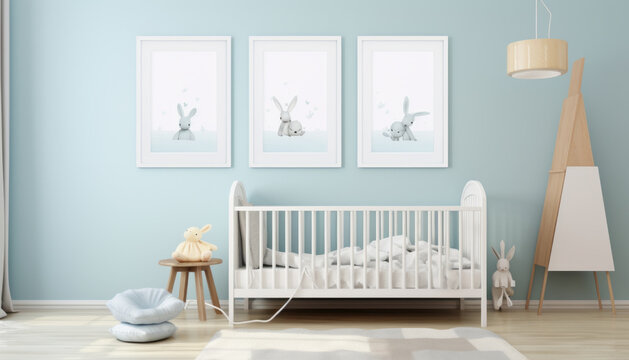 A photo mockup of a wall has one picture with a ratio of 2: 3, the room is a children's nursery in light blues colours  generative ai