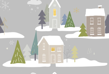 Seamless winter pattern with houses in the forest