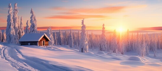 Winter scenery in Lapland Finland with sunset, wooden hut, and snow covered trees