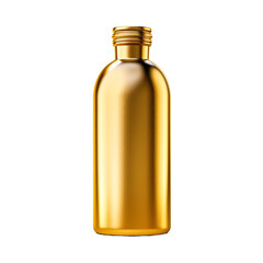 A bottle of gold color is shown isolated on transparent background