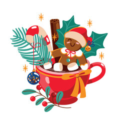 Gingerbread man and cup of hot chocolate with marshmallow. Vector. 