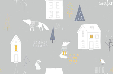 Seamless winter pattern with houses and foxes in the forest
