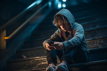 Homeless boy sitting on the stairs outdoor holding phone at night are saddened and frustrated with life. made picture to the concept - obrazy, fototapety, plakaty