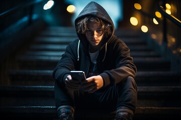 Homeless boy sitting on the stairs outdoor holding phone at night are saddened and frustrated with life. made picture to the concept