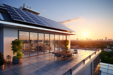 Modern building with nice terrace with solar panels on roof with sunset in the background  - obrazy, fototapety, plakaty