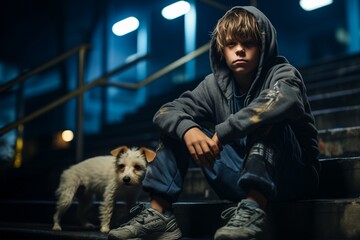 Obraz premium Homeless boy sitting on the stairs outdoor at night. There's a stray dog next to the boy. are saddened and frustrated with life. made picture to the concept
