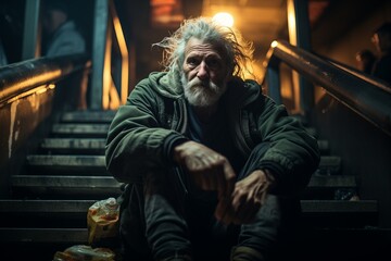 Homeless old Man sitting on the stairs outdoor at night are saddened and frustrated with life. made picture to the concept - obrazy, fototapety, plakaty