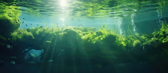 Submerged underwater with sunlit green backdrop.