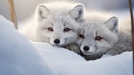 A pair of arctic foxes snuggled together in the snow, their warm companionship evident in the chilly landscape. - obrazy, fototapety, plakaty