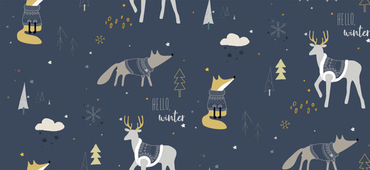Seamless winter pattern with foxes and deers in the forest