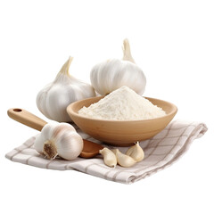 A bowl of flour and a bowl of garlic on a checkered isolated on transparent background