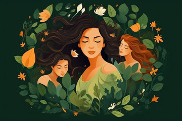 Illustration of women surrounded by leaves and flowers for women39s day celebration banner