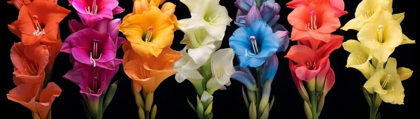 The proud stance of a gladiolus flower, its striking array of blossoms stacked like a totem of bold colors.