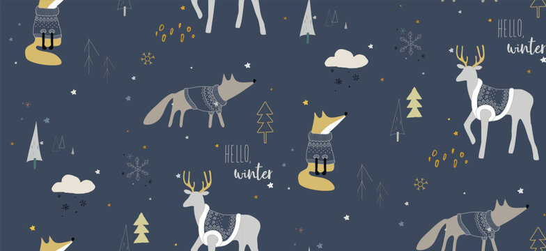 Fototapeta Seamless winter pattern with foxes and deers in the forest