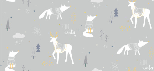 Seamless winter pattern with foxes and deers in the forest