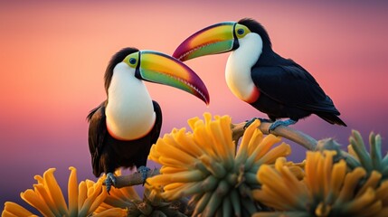 A pair of colorful toucans perched on a desert cactus, their tropical appearance contrasting with the arid surroundings.
