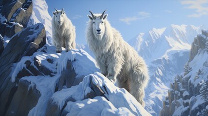 A pair of mountain goats precariously perched on a snowy cliff, their daring climb showcased in the...