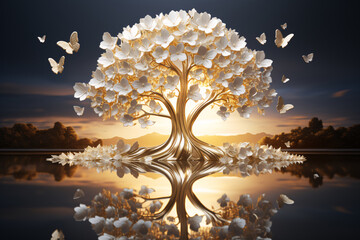 Golden Tree with White Flowers, Beautiful Design Background