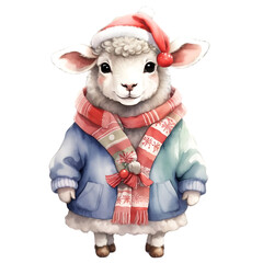 Watercolor illustration of a cute kawaii sheep animal wearing Christmas clothes and hat. Creative graphics design. 