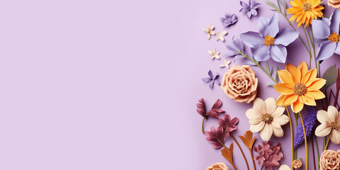 Beautiful flowers on lilac background. Banner with place for text.