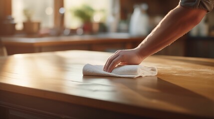 The image of the hand wipe the kitchen table with a rag.