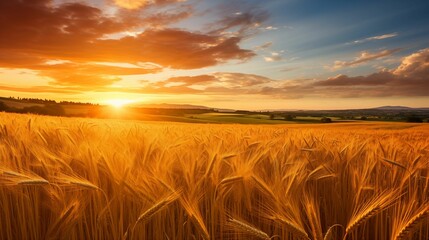 The image of the sunset and the golden wheat field extending to the horizon. - obrazy, fototapety, plakaty