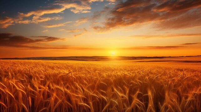 The image of the sunset and the golden wheat field extending to the horizon.