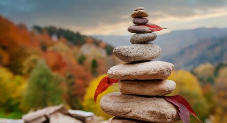 Fototapeta na wymiar Stone tower in autumn, stones Balance, Natural stones under the autumn leafs