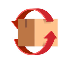 red arrow rotates around parcel box or cardboard box to represent recycling of paper or to signify...