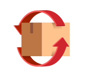 red arrow rotates around parcel box or cardboard box to represent recycling of paper or to signify that parcel box is being returned to sender ,png 3d transparent