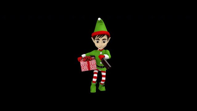 Christmas elf dancing with gift box and bottle of booze - 3d render looped with alpha channel. 